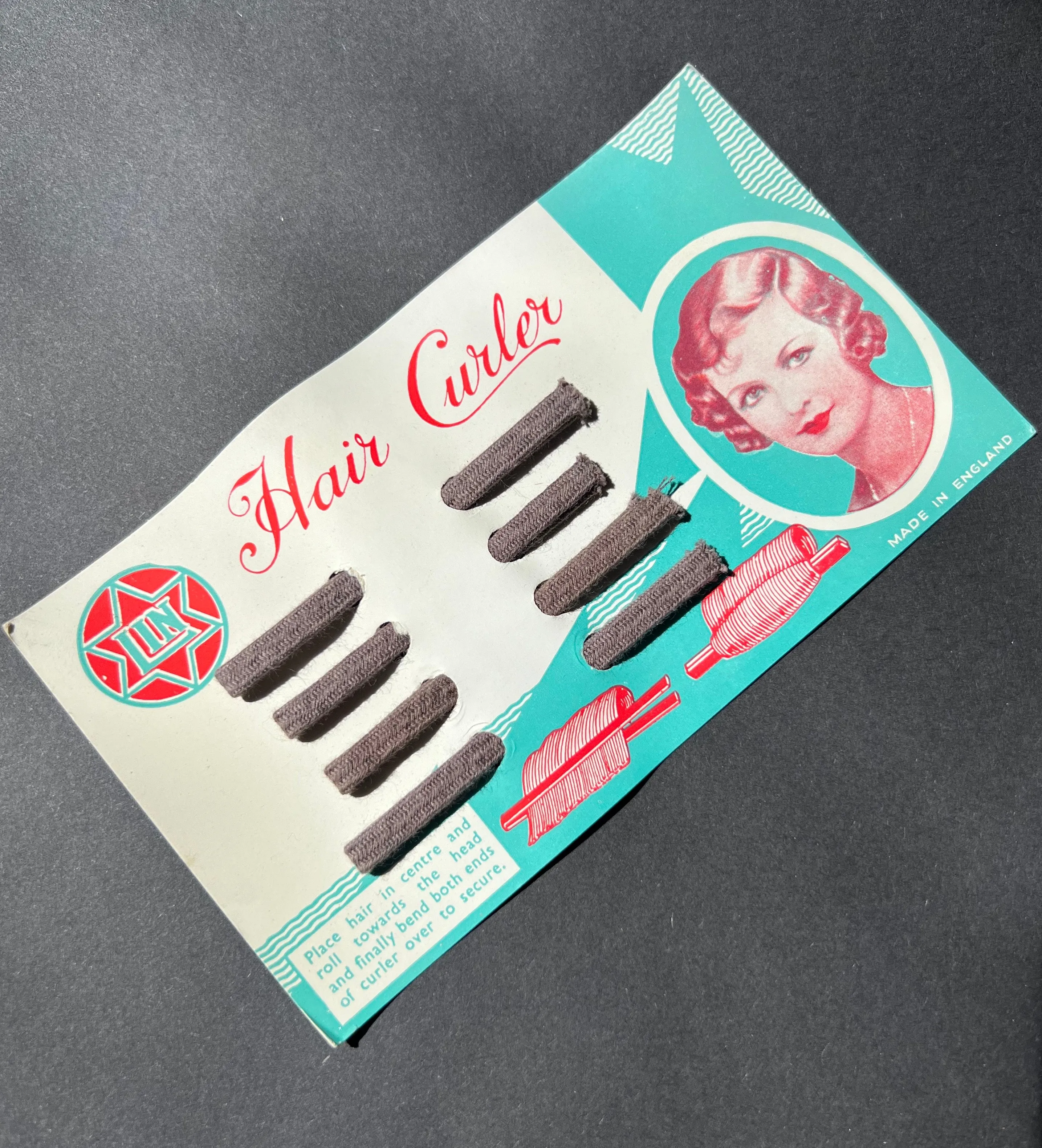 Lovely 1930s Display Card of 4  Flexible Fabric Covered Hair Curlers