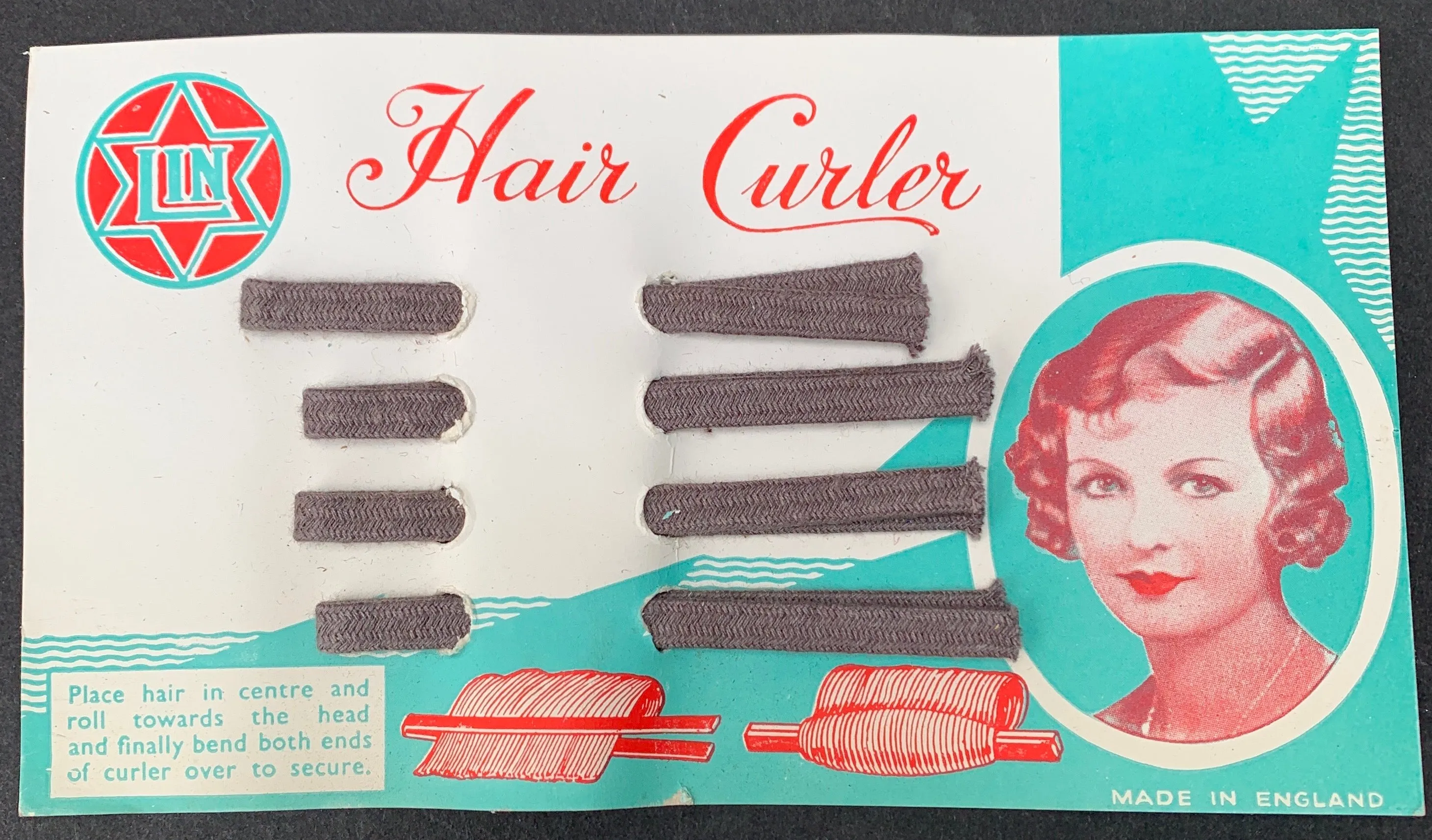 Lovely 1930s Display Card of 4  Flexible Fabric Covered Hair Curlers