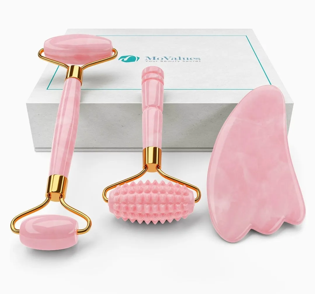 Pink Jade Roller and Gua Sha Set. Rose Quartz Roller with Eye Massager, Jade Gua Sha, Ridged Roller Massager. Jade Roller For Face Real Jade 100% Jade Stone Roller. Warm Facial Massager or Ice Roller