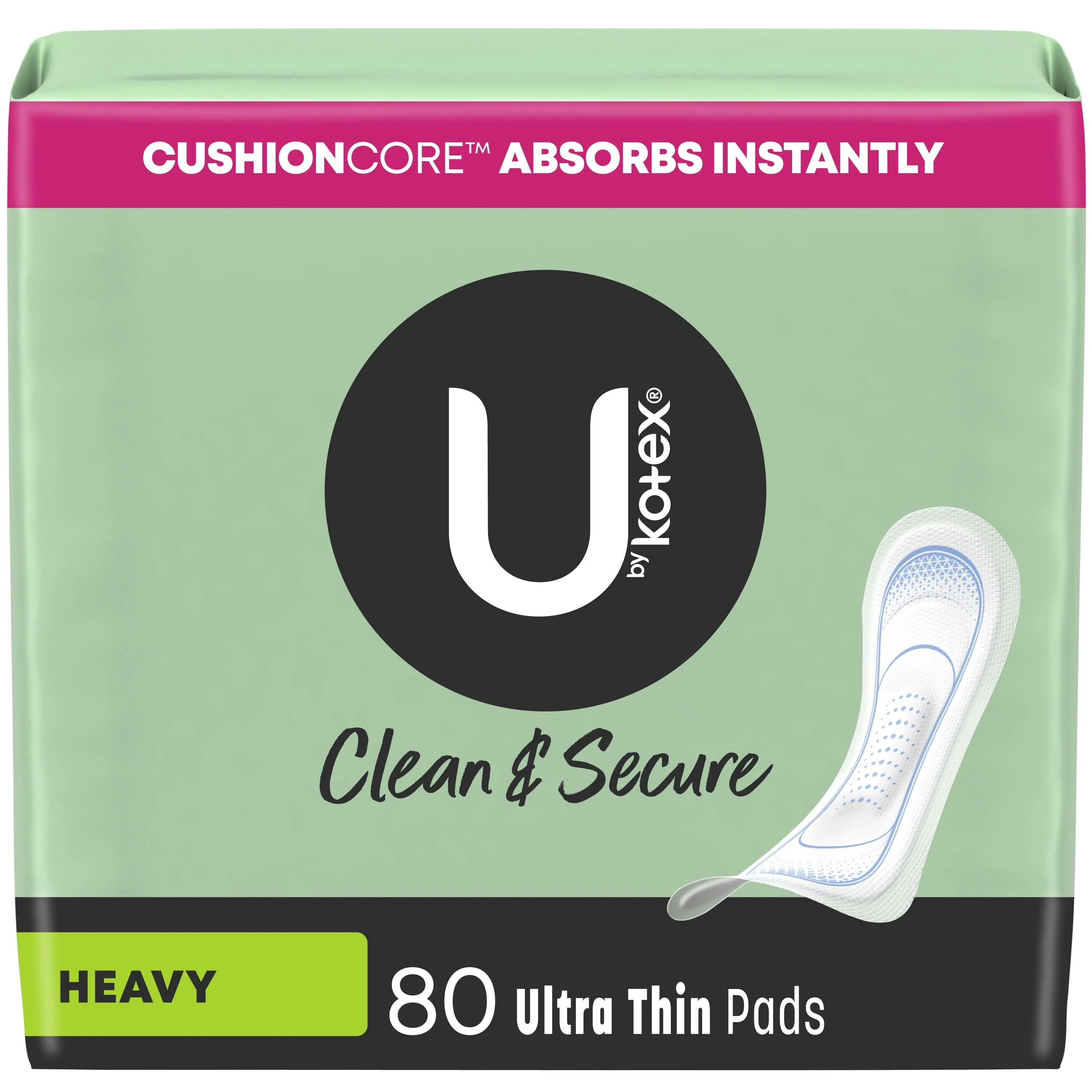 U by Kotex Clean & Secure Ultra Thin Pads, Heavy Absorbency, 80 Count